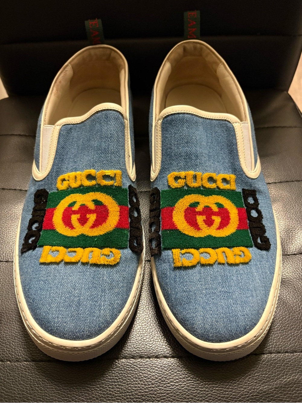 Gucci Kids Blue Denim Slip-On Sneakers with Multicolor Embroidered Logo
